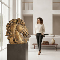 Horse Heads Sculpture with Base Freestanding Horse Heads Sculpture Equestrian Horsehead Carving Statue for Console