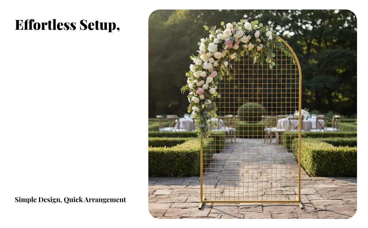 Freestanding Wrought Iron Grid Panel Arch Elegant Design Metal Grid Wedding Arch Reusable Arched Mesh Backdrop Frame Multi-Purpose for DIY Decorators, Photographers, Weddings, Ceremonies, Outdoor Events, Photo Shoots