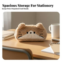 Embroidered Feline Face Bag Cute Design Cute Feline Zippered Pouch Large Capacity Soft Animal Pen Holder for Students, Girls