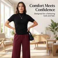 Knit Top for Women with Mock Neck and Ruched Detail, Short Sleeve Sweater in Viscose Blend for Spring Wear, Ribbed Texture Pullover Knitwear