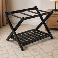 Foldable Folding Luggage Rack with Shelf Double-Tier Bamboo Suitcase Stand with Shelf Long-Lasting Luggage Rack with Two Shelves Sturdy for Travelers, Bedroom