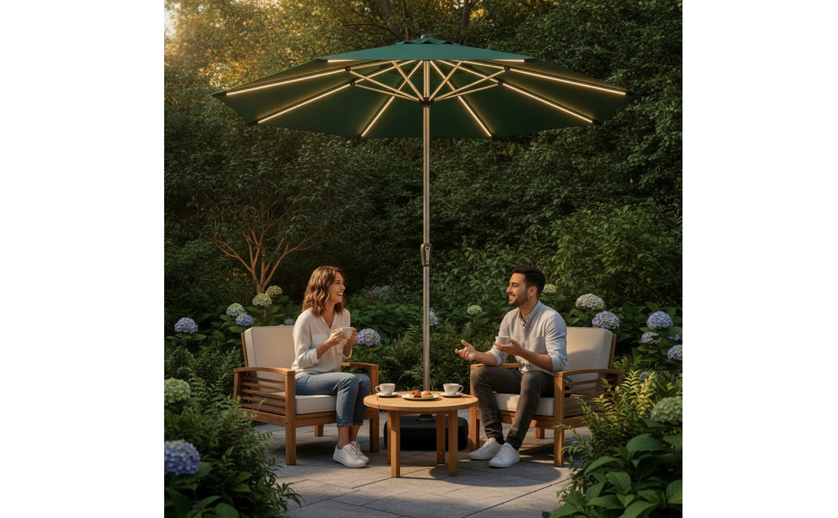 Sun Umbrella with LED Lights Weighted Patio Umbrella with Fillable Base Lighted for Homeowners, Cafe Owners, Backyard, Balcony