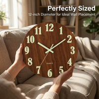Luminous Wall Clock, 12 Inch Wooden, Silent Sweep, Easy to Read Numbers, Battery Operated, Modern Home Decor