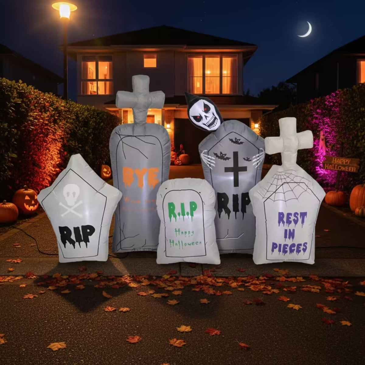 5 Pieces Outdoor Inflatable Tombstones Waterproof Inflatable Graveyard Creepy Tombstones with Stakes Haunted for Lawn