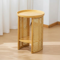 Japanese design dual-level Round Nightstand Rattan Weave Design 2-Tier circular table Rounded Edges Household Furniture Space-Saving for Apartment Dwellers, Homeowners, Adults, Living Room, Bedroom, Small Spaces, Hallway