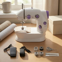 Compact Desktop Sewing Machine Foot Pedal Electric Sewing Machine White and Violet Adjustable Dials
