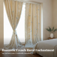 French Pastoral Design Double-Layer Curtain Punchno-Drill Installation Double-Layer Lace Panel Blackout Drapery Translucent Overlay for Renters, Home Decor Enthusiasts, Homeowners, Bedroom, Doorway, Nursery, Playroom