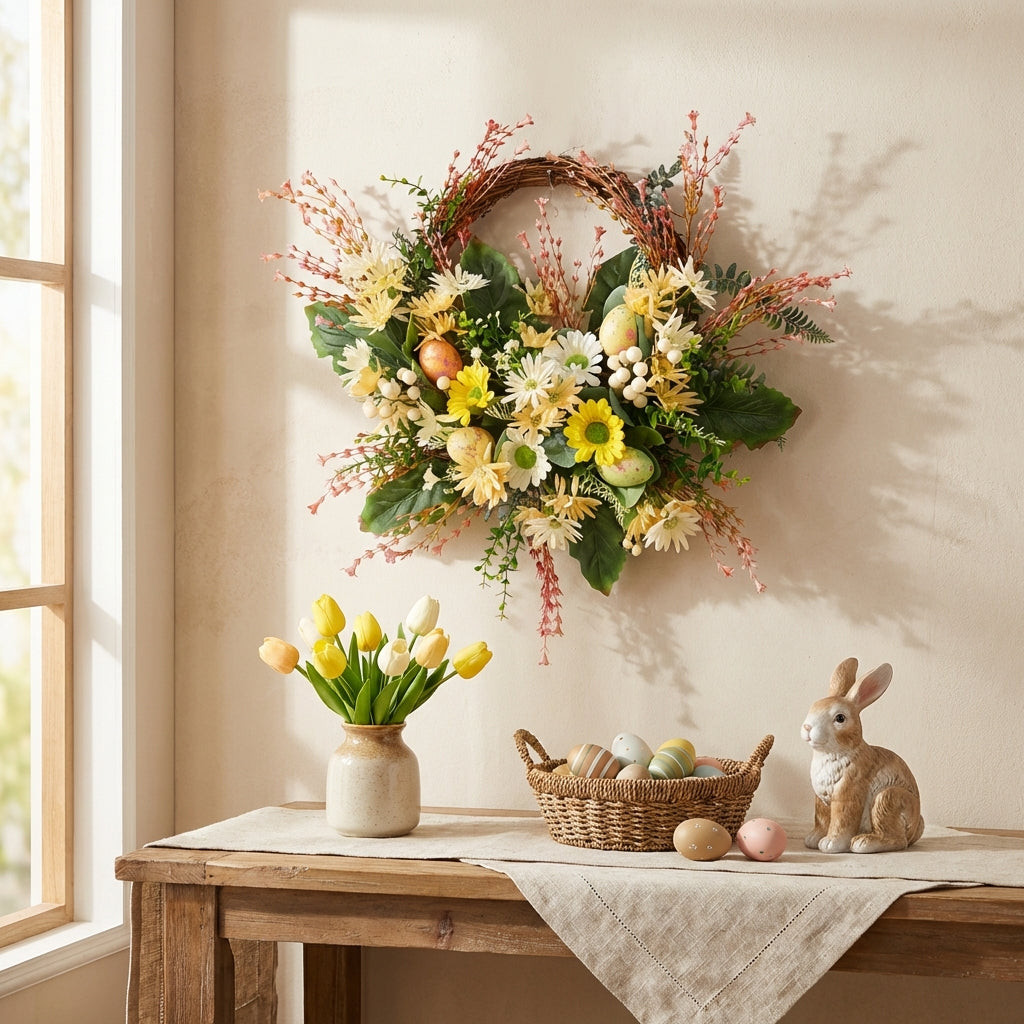 Easter Egg Wreath Bright Colors Artificial Blossom Half Wreath Handcrafted Wildflower Egg Door Hanging for Home Stylists, Entryway, Indoor, Farmhouse