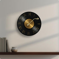Vinyl Records Wall Clock Reinforced Glass Music Themed Wall Clock Gold-Tone Timepiece for Indoor