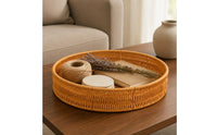 Exposed-topTop Round Rattan Tray Shallow Rattan Basket Low Rim Round Tray Basket Brown Finish