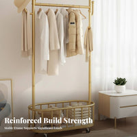 Freestanding Rolling Clothes Rack with Shelves Easy to Move Wheeled Clothes with Bottom Shelf Minimalist Design Garment Stand Space-Saving for Students, Renters, Homeowners, Bedroom, Living Room, Entryway, walk-through Closet