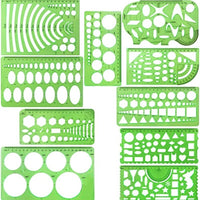 Green Plastic Geometric Drawing Template Ruler Set (9-Piece, Style 3) for Drafting and Measurement