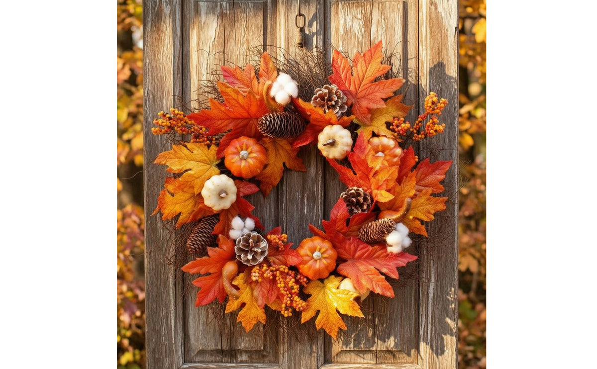 Harvest Fall Wreath with Pumpkins and Maple Leaves Thanksgiving Autumn Wreath with Pumpkins and Maple Leaves Seasonal Decorative for Homeowners, Decorators, Entryway, Entryway