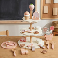 Wooden Dessert Stand Toy Rounded Edges Dessert Stand Playset Printed Details Pretend Tea Time Set for Children