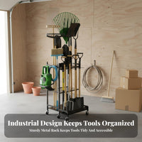 Garden Tool Organizer on Wheels Steel Construction Garden Tool Storage Rack Heavy Duty and Rake Storage Stand for Gardeners, Homeowners