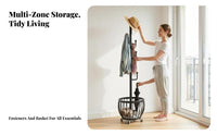 Freestanding Rolling Clothes Rack with Shelves Easy to Move Wheeled Clothes with Bottom Shelf Minimalist Design Garment Stand Space-Saving for Students, Renters, Homeowners, Bedroom, Living Room, Entryway, walk-through Closet
