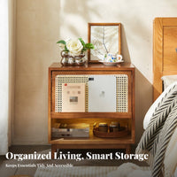 Nordic and design Rattan Nightstand sturdy Wood Legs Rattan Drawer Side Cabinet Woven Front End Table Minimalist Design for Apartment Dwellers, residents, Students, Bedroom, Small areas, Living Room, Entryway