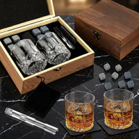 Gift Box with Whisky Glass and Drinking Glasses for Home Bar, 14 Piece Set with Coasters and Whisky Stones, Wooden Box Birthday Gift for Him