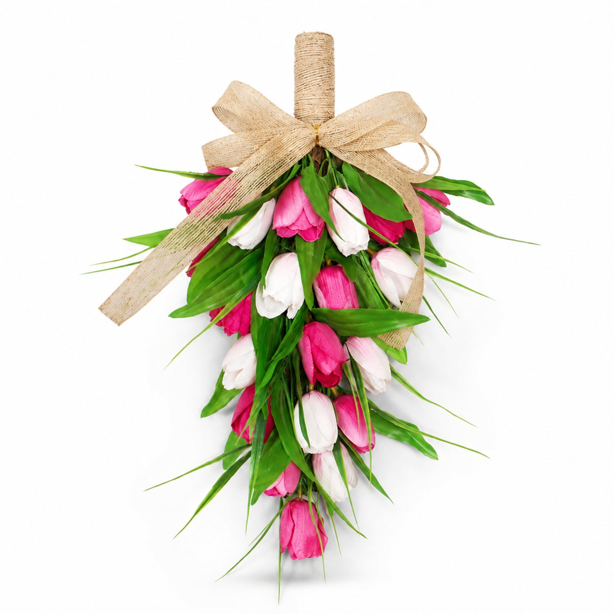 Floral Teardrop Swag with Burlap Bow Faux Teardrop Swag with Burlap Bow Realistic Hanging Flowers for Brides, Wall Decor, Wedding