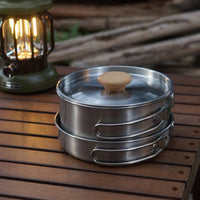 Folding Handle Stainless Steel Camping Cookware Set Lightweight Portable Backpacking Cook Set Compact Stainless Steel Mess Kit Easy to Clean for Campers, Hikers, Backpackers, Hiking, Picnic