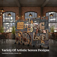 4-Panel Folding Screen mechanical design Room Divider Vintage Aesthetic Home Furnishing for Homeowners, Business Owners, Bar, Bedroom, Studio Apartment