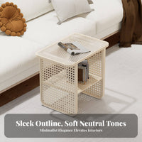 Nordic Design Two-Tier Woven-Panel Side Table Minimalist Aesthetic 2-Tier Table Japanese Aesthetic Nightstand Space-Saving for Apartment Dwellers, Homeowners, Bedroom, Small Areas, Guest Room, Entryway