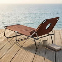 Adjustable Backrest Folding Lounge Chair Metal Frame Folding Outdoor Cot Textile Surface Reclining Cot Side Support Loops for Patio, Balcony, Yard, Sunbathing Area