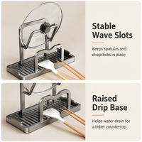 Modern Minimalist Dish Drainer Rack, Gunmetal Grey Aluminum Utensil Holder with Drip Tray, Freestanding Pot Lid Drying Rack for Small Flats