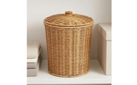 Fitted Lid Lidded Storage Basket Cylindrical Round Rattan Basket Natural Tan Home Organizer Loop Knob