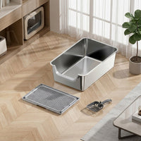 Cat Toilet Stainless Steel Litter Tray, Semi-Enclosed Extra Large Litter Pan for Big Cats, Easy Clean Non Sticky High Entry Side Metal Basin