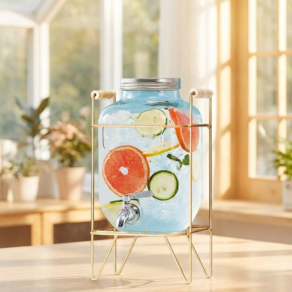 Beverage Dispenser with Ice Crackle Glass, Water Juice Dispenser with Metal Lid and Stand, Simple Style Drink Dispenser for Home Bar Parties