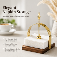 Napkin Holder for Table, Serviette Holder with Polished Metal & Walnut Base, Freestanding Serviette Holder for Kitchen, Dining Table Decor