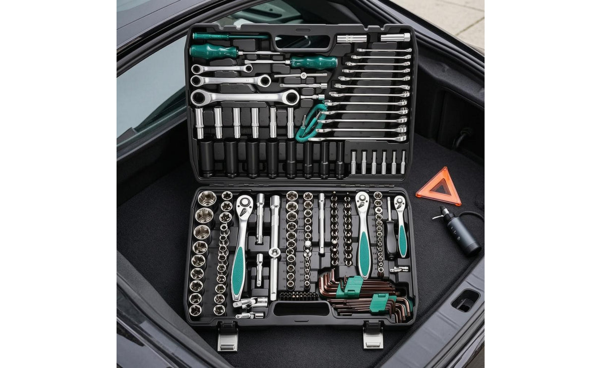 175 Pieces Organized Storage Auto Repair Tool Set Metal Latch Clasps Mechanic Hand Tool Kit Built-in Handle Socket Wrench Set Chrome Finish for Car Owners, Mechanics, Garage, Workshop