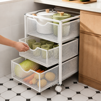 3 Tier Storage Trolley, White Carbon Steel Kitchen Storage Cart with Pull-Out Drawers, Freestanding Rolling Utility Tool Trolley
