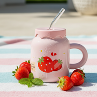 Ceramic Fruit Mug with Lid, Straw, and Handle - 400ml Cute Aesthetic Water Cup