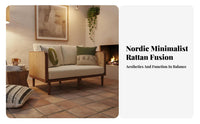 Nordic design Rattan Panel Sofa Wabi-Sabi Aesthetic paded Rattan Sofa Minimalist Design Lounge Seating Includes pads for Guesthouse Owners, Apartment Dwellers, Living Room, Small Spaces, Reception Area, Sunroom