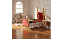 3 Pieces European Design 1:12 Scale Bed Set Ornate Gold Trim Mini Princess Bed Floral Textile Mini Sofa Set Realistic Details for Collectors, Model Room