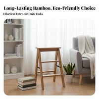 Foldable 3 Step Folding Ladder Space-Saving Bamboo Step Stool Multi-Functional Convertible Ladder Chair Sturdy and Stable for Homeowners, Adults, Seniors, Kitchen, Living Room, Office, Study