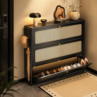 Metal Shoe Storage Cabinet, Narrow Flip-Drawer Shoe Rack for Hallway, Vintage Luxury Black Shoe Storage for Small Spaces, 31cm Deep