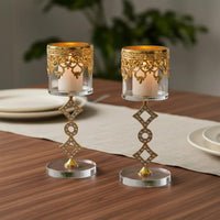 2 Pieces Hollow-Carved Design Crystal Metal Candle Holder Set Rhinestone Pillar Candle Stand for Wedding, Living Room, Party
