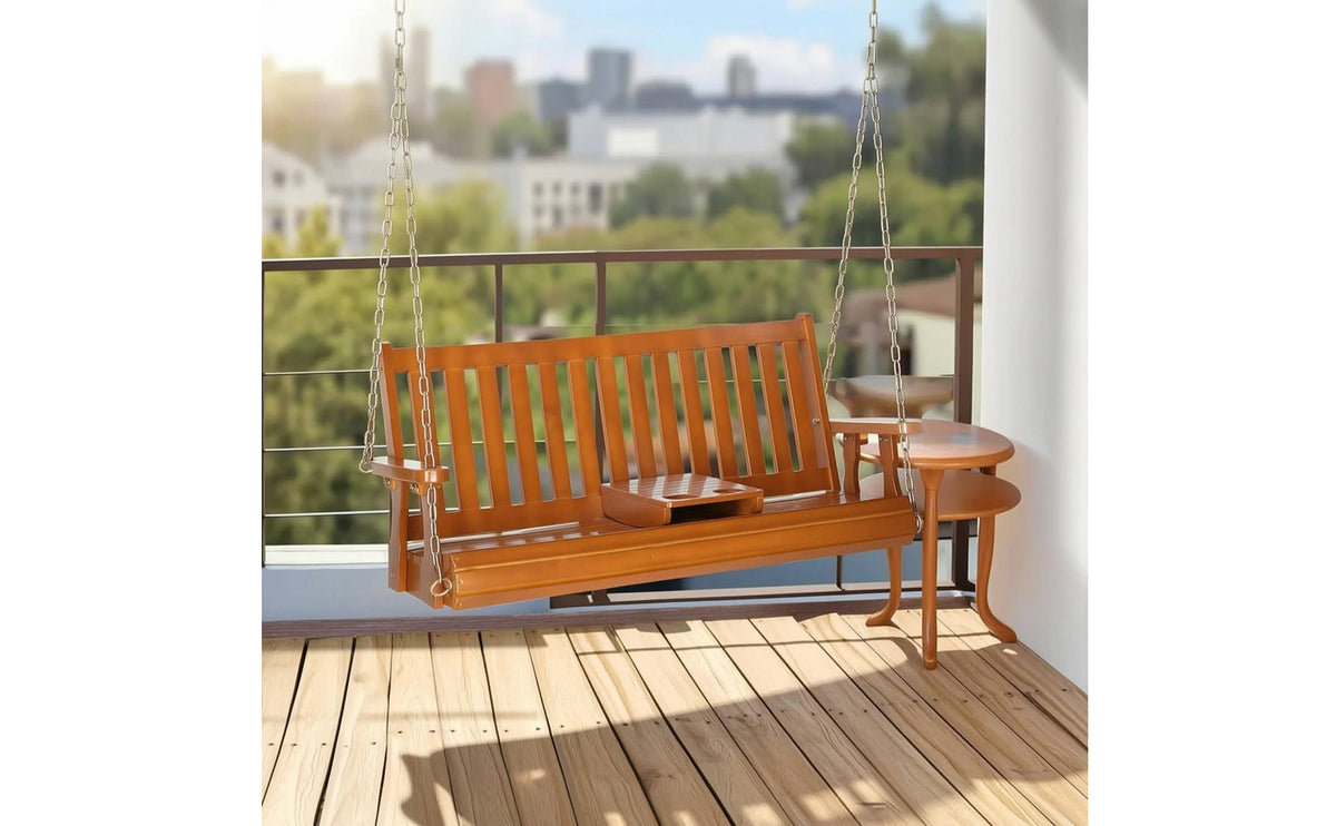 Slatted Porch Swing with Cup Holders Outdoor Hanging Porch Swing Bench Weather Resistant Rustic for Backyard