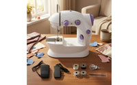 Compact Desktop Sewing Machine Foot Pedal Electric Sewing Machine White and Violet Adjustable Dials