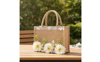 Textured Tote Bag with Floral Decoration Lightweight Tote Bag with Lace Trim Rustic Portable for Brides