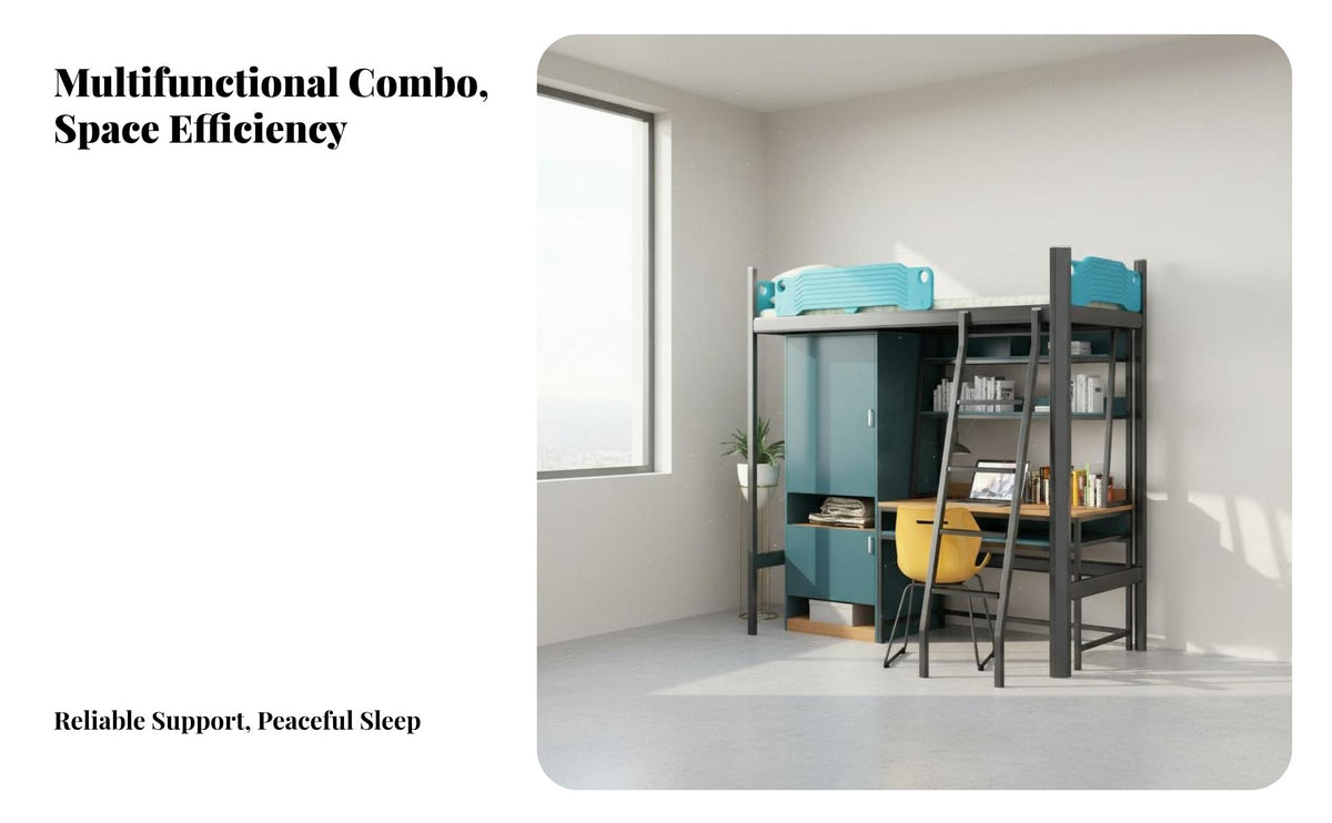 Loft Bed with Desk and Wardrobe Space-Saving Student Bed with Desk Multi-Functional Dormitory Furniture for Employees, Dorm Room, Bedroom, Home Office