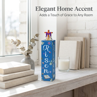 Wooden Easter Tabletop Sign with Cross Topper, He is Risen Religious Standing Cross for Home Decor, Handcrafted Freestanding Easter Centerpiece,