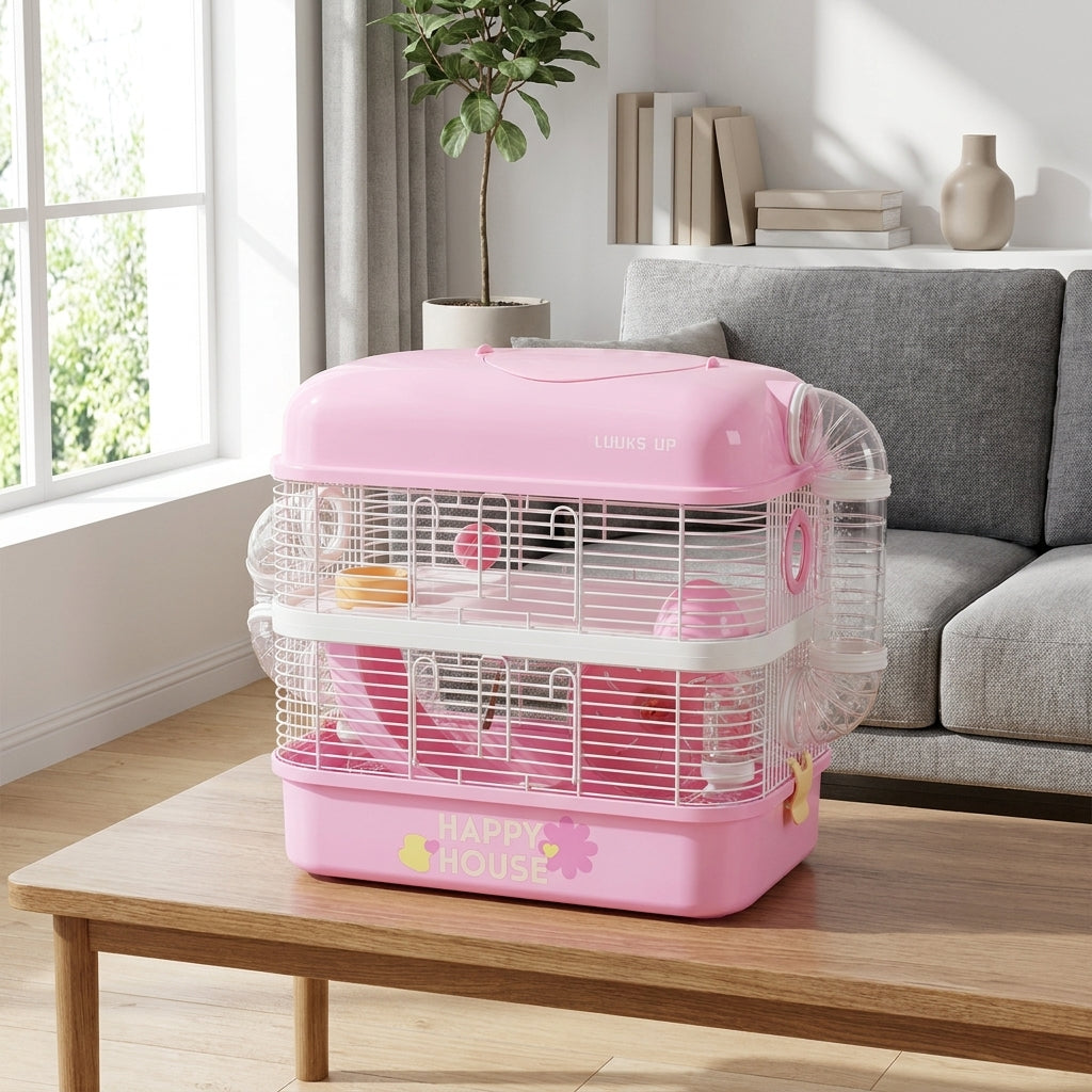Large Hamster Cage and Double Layer Hamster Habitat, Iron Luxury Syrian Indoor Cage with Exercise Wheel, Spacious Home with Tray and Ramps