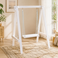 Small Wooden A-Frame Garden Swing for Children, White Wood Hanging Chair with Basket Seat, Modern Design for Patio