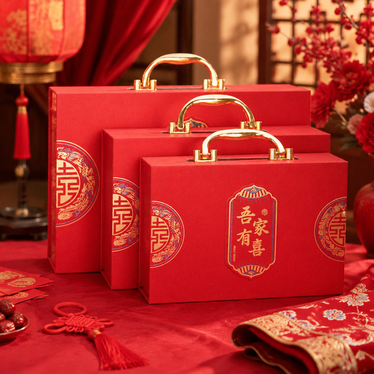 Gift Box, Present Box with Lid, Dragon & Phoenix Red Paper Box, For Year-end Gifts and Weddings