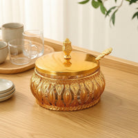 Decorative Glass Jar with Spoon Ornate Jar with Lid and Spoon Gold Seasoning Pot with Lid Vintage for Hosts, Kitchen, Tea Table, Cafe