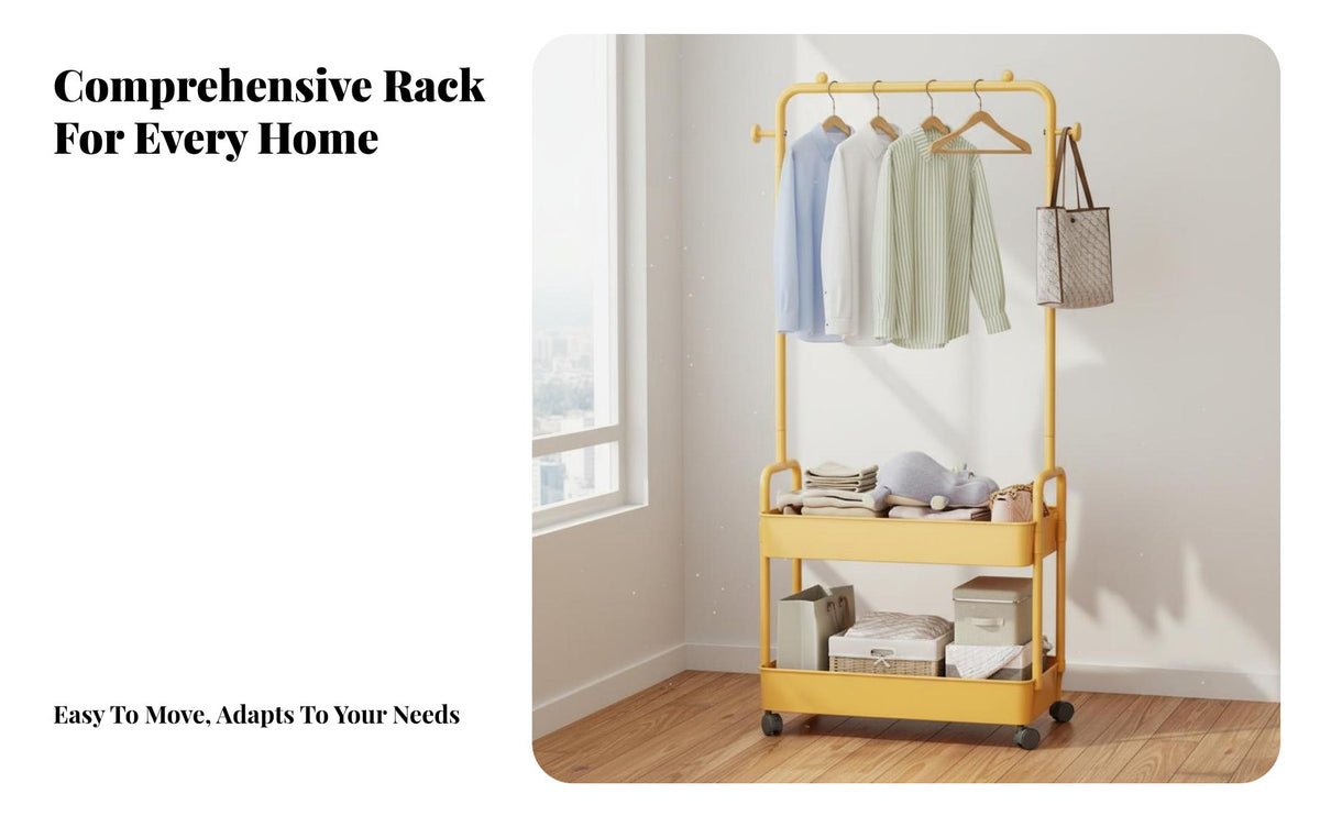 Space Saving Mobile Garment Rack with Shelves Easy Assembly Rolling Clothes Rack Sturdy Steel Frame Portable Clothes Hanging Stand Heavy Duty for Apartment Dwellers, Homeowners, Bedroom, Dorm Room, Entryway, Boutique